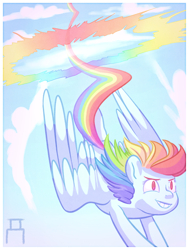 Size: 1280x1696 | Tagged: safe, artist:artiermis, imported from derpibooru, rainbow dash, pegasus, pony, female, flying, mare, rainbow trail, smiling, solo, sonic rainboom