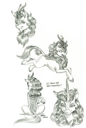 Size: 1000x1487 | Tagged: safe, artist:baron engel, imported from derpibooru, autumn blaze, kirin, sounds of silence, black and white, cloven hooves, female, grayscale, leonine tail, lineart, looking at you, monochrome, pencil drawing, realistic horse legs, simple background, solo, traditional art, white background