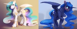 Size: 2640x1020 | Tagged: safe, artist:silfoe, imported from derpibooru, princess celestia, princess luna, alicorn, pony, alternate design, blushing, coat markings, colored hooves, cute, cutelestia, dappled, ethereal mane, female, lunabetes, mare, piebald coat, piebald colouring, royal sisters, simple background, sisters, spread wings, starry mane, wings