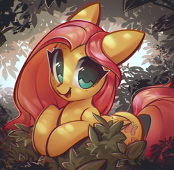 Size: 1404x1376 | Tagged: safe, artist:mirroredsea, imported from derpibooru, fluttershy, pegasus, pony, bush, colored pupils, cute, female, floppy ears, leaning, looking at you, mare, open mouth, shyabetes, smiling, solo