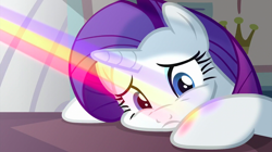 Size: 1440x807 | Tagged: safe, imported from derpibooru, screencap, rarity, pony, unicorn, canterlot boutique, colored lights, female, light, mare, poor rarity, sad, solo, squishy cheeks