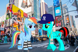 Size: 2048x1365 | Tagged: safe, artist:jawsandgumballfan24, imported from derpibooru, rainbow dash, oc, oc:jawsandgumballfan24, alicorn, pegasus, pony, pony creator, alicorn oc, bling, canon x oc, coca-cola, female, hat, i ❤️ ny, iphone, ipod, male, new york, new york city, new york yankees, samsung, shipping, straight, times square