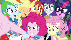 Size: 1596x888 | Tagged: safe, imported from derpibooru, screencap, applejack, fluttershy, pinkie pie, rainbow dash, rarity, sci-twi, sunset shimmer, twilight sparkle, eqg summertime shorts, equestria girls, monday blues, cropped, faic, feet, female, geode of fauna, group photo, humane five, humane seven, humane six, magical geodes, photo, selfie, toes