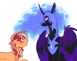 Size: 971x768 | Tagged: safe, artist:wanderingpegasus, imported from derpibooru, nightmare moon, sunset shimmer, alicorn, pony, unicorn, blushing, eye contact, female, helmet, lesbian, looking at each other, lunashimmer, mare, shipping, simple background, sunmoon