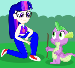 Size: 2072x1879 | Tagged: safe, artist:grapefruitface1, imported from derpibooru, spike, twilight sparkle, equestria girls, clothes, converse, fetch, grass, jeans, looking at each other, pants, park, request, requested art, shoes, stick, trainers