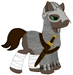 Size: 464x480 | Tagged: safe, artist:darkhestur, edit, imported from derpibooru, oc, pony, armor, chainmail, helmet, leg wraps, sword, weapon