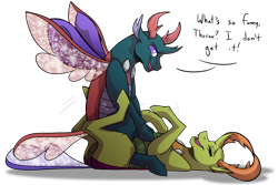 Size: 1800x1200 | Tagged: safe, artist:percy-mcmurphy, imported from derpibooru, pharynx, thorax, changedling, changeling, brotherly love, brothers, changedling brothers, commission, commissioner:navelcolt, cute, dialogue, king thorax, male, misleading thumbnail, pharybetes, prince pharynx, sibling, sibling love, siblings, sitting on person, thorabetes, tickling