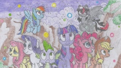 Size: 2346x1333 | Tagged: safe, artist:nephilim rider, imported from derpibooru, applejack, fluttershy, pinkie pie, rainbow dash, rarity, spike, twilight sparkle, oc, oc:heaven lost, alicorn, dragon, school raze, traditional art, twilight sparkle (alicorn), winged spike, wings