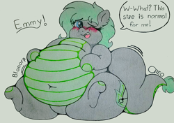 Size: 2004x1407 | Tagged: safe, artist:dorky-oreo-pone, imported from derpibooru, oc, oc only, oc:emilia 'emmy' emberseed, dracony, hybrid, pony, belly, belly button, big belly, blushing, chubby cheeks, dialogue, embarrassed, fat, female, huge belly, leaning back, obese, open mouth, simple background, solo, squishy, stomach noise, traditional art, weight gain