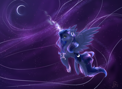 Size: 1024x755 | Tagged: safe, artist:falling-stars-1, imported from derpibooru, princess luna, pony, female, magic, moon, solo, space