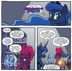 Size: 744x734 | Tagged: safe, artist:tonyfleecs, idw, imported from derpibooru, princess luna, stygian, tempest shadow, trixie, alicorn, pony, unicorn, nightmare knights, spoiler:comic, spoiler:comicnightmareknights02, broken horn, comic, ethereal mane, female, horn, male, mare, official comic, speech bubble, stallion, starry mane, title drop