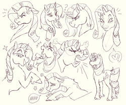 Size: 1280x1067 | Tagged: safe, artist:yowza-buckaroo, imported from derpibooru, rarity, pony, unicorn, curved horn, expressions, female, heart, horn, mare, sketch, sketch dump, solo