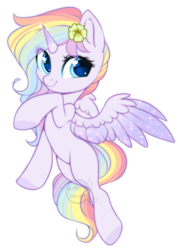 Size: 600x843 | Tagged: safe, artist:cabbage-arts, imported from derpibooru, oc, oc only, oc:flower power, alicorn, pony, alicorn oc, commission, commissioner:batbrony, female, flower, flower in hair, flying, mare, simple background, solo, transparent background