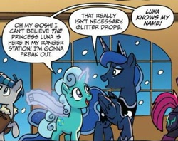 Size: 392x311 | Tagged: safe, artist:tonyfleecs, idw, imported from derpibooru, glitter drops, princess luna, stygian, tempest shadow, alicorn, pony, unicorn, spoiler:comic, spoiler:comicnightmareknights02, clothes, female, glowing horn, male, mare, official comic, scarf, snow, snowfall, stallion