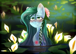 Size: 3508x2480 | Tagged: safe, artist:shiro-roo, imported from derpibooru, oc, oc only, pony, blushing, female, flower, flower in hair, mare, solo, waterlily, wet, ych result