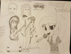 Size: 1762x1330 | Tagged: safe, artist:forzaveteranenigma, imported from derpibooru, applejack, oc, oc:assetto-forza massimo, oc:aurelia charm, oc:shouka, equestria girls, rainbow rocks, brian may, fanfic art, fender jazz bass, fender stratocaster, fender telecaster deluxe, forza horizon, guitar, queen, roger taylor, trace