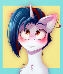 Size: 2332x2743 | Tagged: safe, artist:shiro-roo, imported from derpibooru, oc, oc only, oc:aqua jewel, pony, unicorn, blushing, bust, chest fluff, female, floating heart, heart, mare, portrait, solo