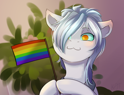 Size: 3208x2480 | Tagged: safe, artist:shiro-roo, imported from derpibooru, oc, oc only, pony, :3, bust, flag, gay pride, gay pride flag, hair over one eye, hoof hold, lgbt, portrait, pride, smiling, solo