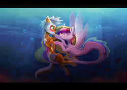 Size: 3200x2262 | Tagged: safe, artist:shiro-roo, imported from derpibooru, princess cadance, oc, earth pony, merpony, pony, duo, looking at each other, species swap, underwater, ych result