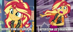 Size: 960x429 | Tagged: safe, edit, edited screencap, imported from derpibooru, screencap, sunset shimmer, equestria girls, equestria girls series, forgotten friendship, rollercoaster of friendship, before and after, caption, geode of empathy, image macro, magical geodes, marvel, op is a duck, stan lee, tasteless, text