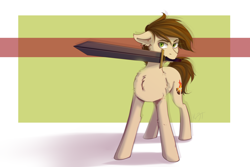 Size: 1920x1280 | Tagged: safe, artist:shiro-roo, imported from derpibooru, oc, oc only, earth pony, pony, chest fluff, male, mouth hold, solo, stallion, sword, weapon