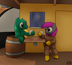 Size: 1891x1710 | Tagged: safe, artist:the-furry-railfan, imported from derpibooru, oc, oc only, oc:crash dive, oc:depth charge, merpony, pegasus, pony, barrel, boat, diving suit, food, mug, paddle tug, ship, sitting, story included, table, tea, tugboat