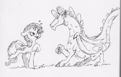 Size: 3124x1987 | Tagged: safe, artist:dilarus, deleted from derpibooru, imported from derpibooru, rarity, spike, dragon, pony, unicorn, female, grayscale, heart, male, mare, monochrome, older, older spike, pose, quadrupedal spike, shipping, simple background, sparity, straight, traditional art, white background, winged spike