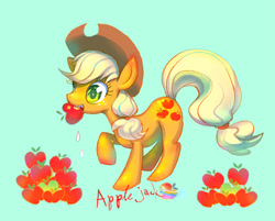 Size: 761x613 | Tagged: safe, artist:mozuright, imported from derpibooru, applejack, earth pony, pony, apple, female, food, mare, simple background, solo