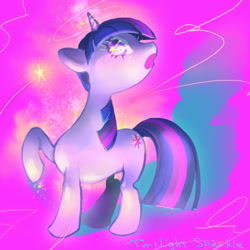 Size: 800x800 | Tagged: safe, artist:mozuright, imported from derpibooru, twilight sparkle, pony, unicorn, female, mare, purple background, raised hoof, simple background, solo, unicorn twilight