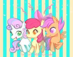 Size: 782x607 | Tagged: safe, artist:mozuright, imported from derpibooru, apple bloom, scootaloo, sweetie belle, earth pony, pegasus, pony, unicorn, bow, cutie mark crusaders, female, filly, trio