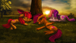 Size: 3840x2160 | Tagged: safe, artist:robsa990, imported from derpibooru, apple bloom, scootaloo, sweetie belle, earth pony, pegasus, pony, unicorn, cmc day, cutie mark crusaders, eyes closed, female, filly, grass field, sleeping, sunset, tree, underhoof