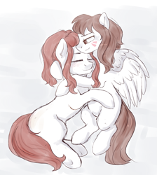 Size: 1689x1884 | Tagged: safe, artist:haruhi-il, imported from derpibooru, pony, brigitte, d.va, duo, eyes closed, female, hug, lesbian, mare, mekanic, non-mlp shipping, overwatch, ponified, shipping, sketch, whisker markings