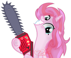 Size: 1127x914 | Tagged: safe, artist:doroshll, imported from derpibooru, oc, oc only, pony, unicorn, fanfic:cupcakes, base used, chainsaw, female, mare, simple background, solo, transparent background