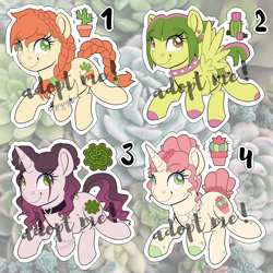 Size: 4000x4000 | Tagged: safe, artist:partylikeanartist, imported from derpibooru, oc, oc only, earth pony, pegasus, pony, unicorn, adoptable, adopts, bangles, bracelet, braid, cactus, charm bracelet, choker, collar, ear piercing, earring, female, jewelry, mare, necklace, ombre hair, piercing, plant, spiked choker, succulents