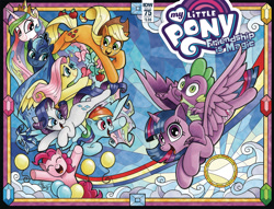 Size: 2356x1800 | Tagged: safe, artist:andypriceart, idw, imported from derpibooru, applejack, fluttershy, pinkie pie, princess celestia, princess luna, rainbow dash, rarity, spike, twilight sparkle, alicorn, dragon, earth pony, pegasus, pony, unicorn, spoiler:comic, spoiler:comic75, balloon, cover, crown, female, jewelry, male, mane seven, mane six, mare, regalia, twilight sparkle (alicorn)