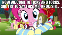 Size: 1280x720 | Tagged: safe, imported from derpibooru, apple bloom, fluttershy, gummy, pinkie pie, sweetie belle, manticore, happy birthday to you!, balloon, caption, clock, clothes, dr. seuss, fluttershy's cottage, fox in socks, hat, image macro, party hat, ponies in socks, quote, socks, solo focus, striped socks, text