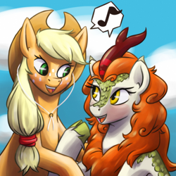 Size: 1280x1280 | Tagged: safe, artist:rawrienstein, imported from derpibooru, applejack, autumn blaze, earth pony, kirin, pony, sounds of silence, autumnjack, female, lesbian, looking at each other, mare, shipping