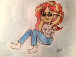 Size: 3264x2448 | Tagged: safe, artist:michaelmaddox222, imported from derpibooru, sunset shimmer, human, equestria girls, bondage, clothes, colored, cute, female, human coloration, jeans, lined paper, looking at you, pants, pencil drawing, self bondage, shimmerbetes, signature, smiling, socks, solo, straitjacket, traditional art