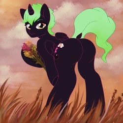 Size: 3500x3500 | Tagged: safe, artist:yasuokakitsune, imported from derpibooru, oc, oc only, alicorn, pony, flower, grass, grass field, green mane, looking at you, looking back, looking back at you, sky, smiling, solo, ych result