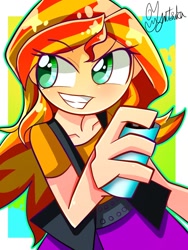 Size: 900x1200 | Tagged: safe, artist:yuyutsuka_0130, imported from derpibooru, sunset shimmer, equestria girls, equestria girls series, clothes, female, jacket, jet grind radio, jet set radio, leather, leather jacket, no nose, shirt, skirt, solo, spray paint