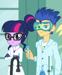 Size: 740x891 | Tagged: safe, imported from derpibooru, screencap, flash sentry, sci-twi, twilight sparkle, a queen of clubs, equestria girls, equestria girls series, clothes, coat, cropped, crossed arms, female, flask, geode of telekinesis, glasses, goggles, lab coat, laboratory, magical geodes, male, smiling, test tube