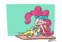 Size: 1444x990 | Tagged: safe, artist:jmdoodle, imported from derpibooru, pinkie pie, human, barefoot, clothes, feet, gym uniform, humanized, style emulation, sweatband, the loud house, yoga