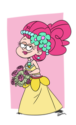 Size: 980x1600 | Tagged: safe, artist:jmdoodle, imported from derpibooru, pinkie pie, human, a canterlot wedding, season 2, bedroom eyes, bridesmaid, bridesmaid dress, clothes, colored, dress, humanized, lipstick, makeup, royal wedding, style emulation, the loud house