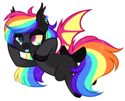 Size: 1024x826 | Tagged: safe, artist:_spacemonkeyz_, imported from derpibooru, oc, oc only, oc:happy pills, bat pony, pony, bat pony oc, colored hooves, colored wings, female, heterochromia, jaundice, mare, rainbow hair, scene kid, simple background, solo, tongue out, transparent background
