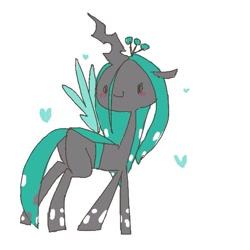 Size: 600x600 | Tagged: safe, artist:ume89s, imported from derpibooru, queen chrysalis, changeling, changeling queen, blush sticker, blushing, bugbutt, butt, cute, cutealis, cuteling, female, heart, looking back, plot, smiling
