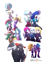 Size: 2480x3496 | Tagged: safe, artist:tofutiles, imported from derpibooru, adagio dazzle, aria blaze, bon bon, bulk biceps, cloudy kicks, drama letter, fuchsia blush, lavender lace, lyra heartstrings, octavia melody, paisley, sonata dusk, sweet leaf, sweetie drops, tennis match, trixie, watermelody, equestria girls, rainbow rocks, background human, female, high res, male, musical instrument, simple background, the dazzlings, trixie and the illusions, violin, white background