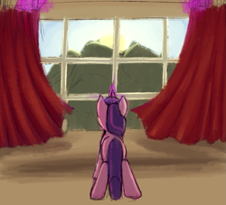 Size: 947x858 | Tagged: safe, artist:shaliwolf, imported from derpibooru, twilight sparkle, pony, unicorn, curtains, female, magic, solo, sunrise, unicorn twilight, window