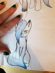 Size: 4032x3024 | Tagged: safe, artist:sachiko765, imported from derpibooru, oc, oc only, pony, bad nailpolish, bedroom eyes, hair over one eye, hand, hand in picture, solo, tongue out, torn paper, traditional art