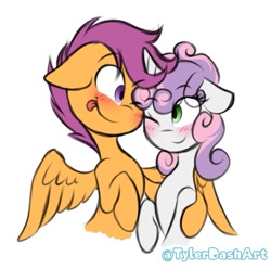 Size: 727x721 | Tagged: safe, artist:tylerdashart, imported from derpibooru, scootaloo, sweetie belle, pegasus, pony, unicorn, blushing, cute, female, filly, lesbian, looking at each other, one eye closed, scootabelle, shipping, simple background, smiling, tongue out, white background