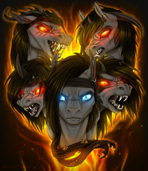 Size: 1225x1420 | Tagged: safe, alternate version, artist:dementra369, imported from derpibooru, demon pony, pony, black veil brides, bust, devil's choir, fangs, fire, glowing eyes, headband, piercing, ponified, portrait, song reference